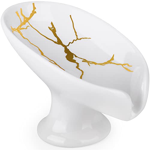Soap Dish for Shower Ceramic Soap Holder Self Draining Leaf Shape Bar Soap Tray, Marble Pattern White Drain Soap Dish Holder for Bathroom,Easy Cleaning Keep Soap Dry - color: White
