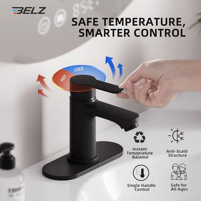 BELZ Black Bathroom Faucet, Lead-Free for 1 or 3 Hole 4" Vanity Sink | NSF372 Compliant,Anti-peeling PVD Finish,Includes Pop-up Drain & Hoses,Single Handle Modern Design, Easy DIY Install - color: Matte Black