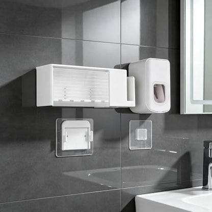 5 Slots Wall Mount Toothbrush Holder with Cover, Self Adhesive Toothbrush Storage Organizer for Shower, Toothbrush Cup Hanger with Automatic Toothpaste Squeezer Dispenser (White) - color: White Combination