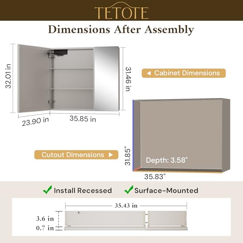 TETOTE 36 x 32 Medicine Cabinet with Lights, Adjustable Shelves, Silver Aluminum Cabinet, Anti-Fog Stepless Dimmable 3 Colors White/Warm/Natural, Easy to Install(Wall Mount/Recessed) - color: Silver, size: 32"L x 36"W