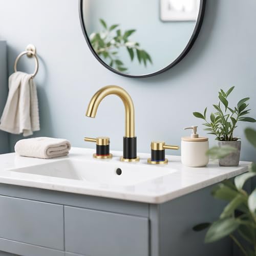 Black and Gold Bathroom Faucet 3 Hole, 2-Handle Widespread Faucet | Lead-free stainless steel, pop-up drain, Detachable faucet aerator, 360°swivel, for RV & vanity sink 3-hole mount - color: 1-Brushed Gold & Black, style: 8 Inch Widespread
