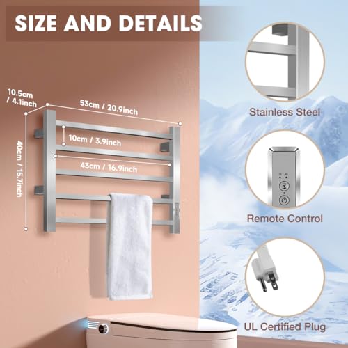 5 Bar Towel Warmer Rack, Heated Towel Racks for Bathroom, Brushed Nickel | Built-in 2H/4H Timer, Easy 5-Min Install, IPX4 Waterproof Stainless Steel, Plug-in, Fast Heating for Bathroom Spa Gym