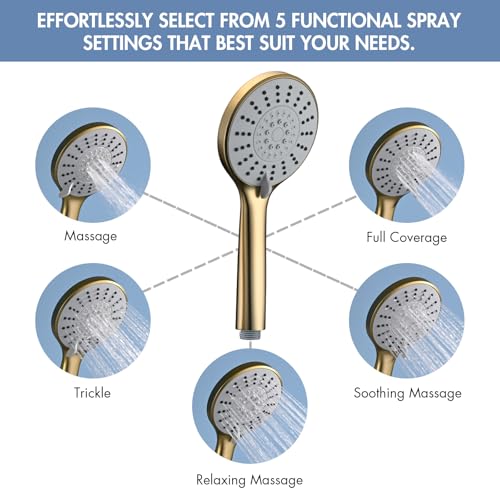 Adjustable 30-Inch Shower Slide Bar with 5-Function Handheld Shower Head, Stainless Steel Wall Mount Shower Slide Bar Set with Extra Hose (Brushed Gold) - color: Brushed Gold