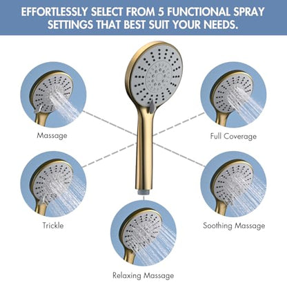 Adjustable 30-Inch Shower Slide Bar with 5-Function Handheld Shower Head, Stainless Steel Wall Mount Shower Slide Bar Set with Extra Hose (Brushed Gold) - color: Brushed Gold