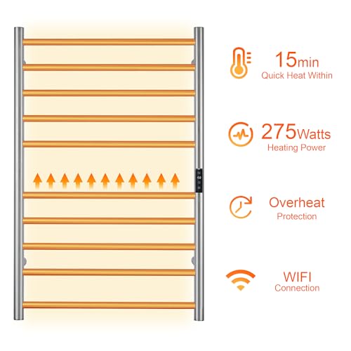 Electric Towel Rack with Voice Control for Alexa & Google Home,TUYA-Wall-Mounted Bathroom Heating Towel Warmer,Stainless Steel Material,31.5x20.08x4.41in,Plug-in,Brushed,10 Bars - color: Brushed With Wifi, size: 10 Bar