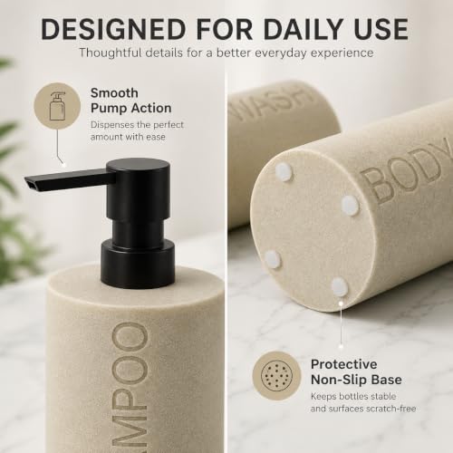 Resin 2 Pack Shampoo, Conditioner or Body Wash Dispenser Set, Luxurious Refillable Pump Bottles with Matte Pump Top and Embossed Text, Durable Design for Bathroom and Shower - color: Tan Shampoo & Body Wash