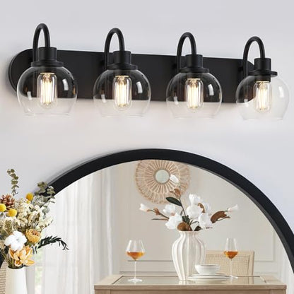 Dpyrrhic Industrial Bathroom Vanity Light， 4-Light Bathroom Lights Over Mirror with Clear Glass Globe Shade and Metal Base, Matte Black Bathroom Vanity Light Fixture - color: Black, size: 4-Light