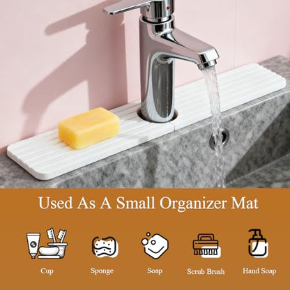 Diatomite Stone Faucet Mat for Kitchen Sink, 23.6 Inch Fast Drying Splash Guard, Super Absorbent Sink Tray Caddy for Dish Soap & Sponge, Bathroom Counter Protector & Organizer, White