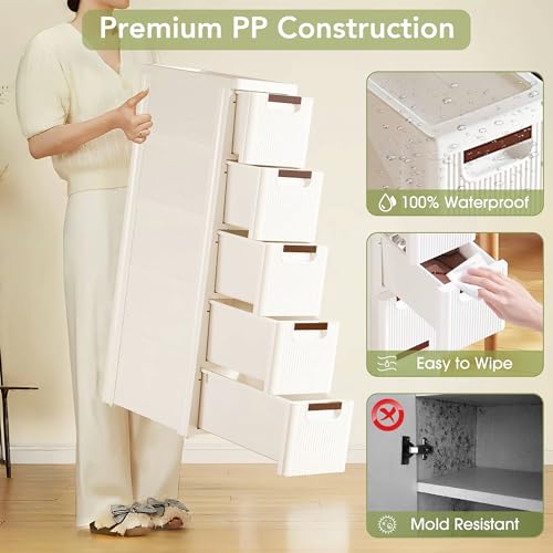 5 Drawers Narrow Bathroom Storage Cabinet, Slim Storage Cabinet, Plastic Slim Storage Cart Drawers for Small Spaces, Laundry, Office, Home, White - size: 5 Tiers