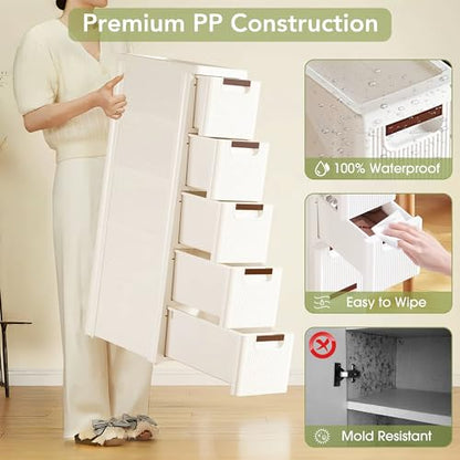 5 Drawers Narrow Bathroom Storage Cabinet, Slim Storage Cabinet, Plastic Slim Storage Cart Drawers for Small Spaces, Laundry, Office, Home, White - size: 5 Tiers