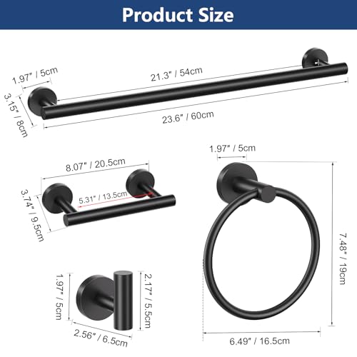 TQKAG 5 Piece Black Bathroom Accessories, 23.6" Bathroom Towel Bar Holder | 23.6" Bathroom Hardware Set, SUS304 Stainless Steel, Double Post Pivoting, Towel Hooks, Toilet Paper Holder Set Wall Mounted - color: Matte Black, size: 5-Pieces Set-B