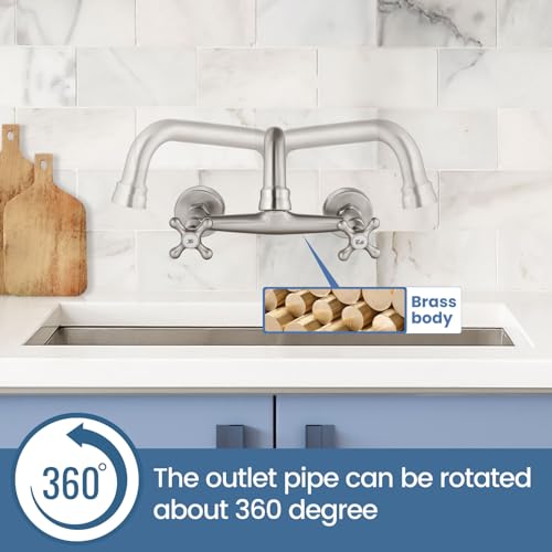 Airuida 8 Inch Center Brushed Nickel Wall Mount Kitchen Sink Faucet | Double Cross Handle,Adjustable Center,6 Inch(15cm) Spout - color: Brushed Nickel