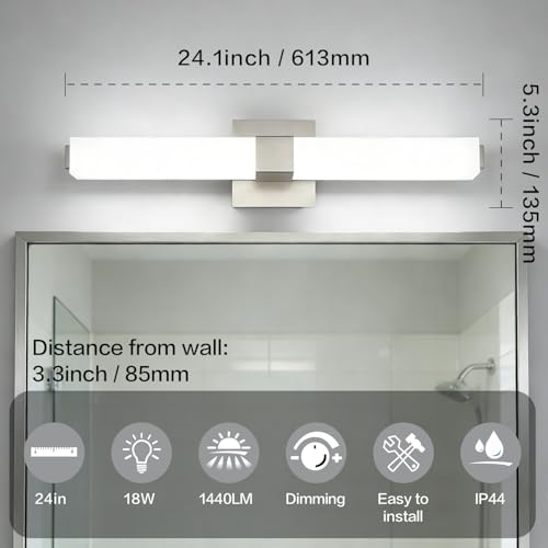 Brushed Nickel Dimmable Vanity Light: 24 Inch LED Modern Bathroom Light Fixtures Over Mirror IP44 Waterproof - color: Upgraded - Brushed Nickel - Dimmable, size: 24 inch