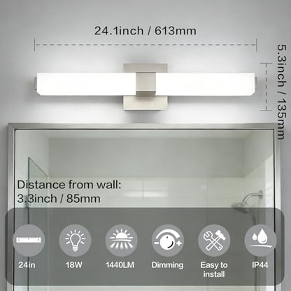 Brushed Nickel Dimmable Vanity Light: 24 Inch LED Modern Bathroom Light Fixtures Over Mirror IP44 Waterproof - color: Upgraded - Brushed Nickel - Dimmable, size: 24 inch