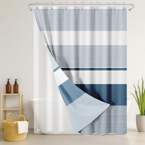 3 in 1 Shower Curtain and Liner,72 x 72 inch, Blue Geometric | Striped Modern Shower Curtain and PEVA Liner Set with 12 Rust-Resistant Metal Hooks, Waterproof Fabric Curtains for Bathroom - color: Blue