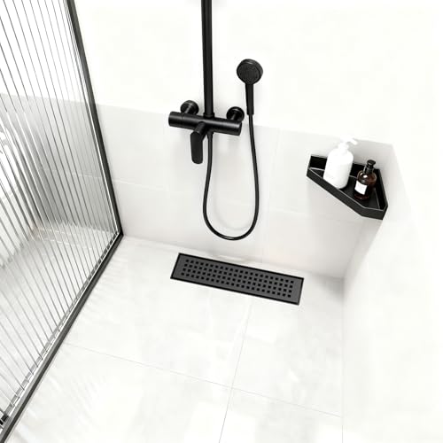 Linear Shower Drain - 12 Inch Matte Black, with Grate Removable | AISI 304 Stainless Steel Shower Drain with Adjustable Feet, Hair Catcher, Rectangle Shower Floor Drain Fits Bathroom, Balcony - color: Matte Black, size: 12 Inch