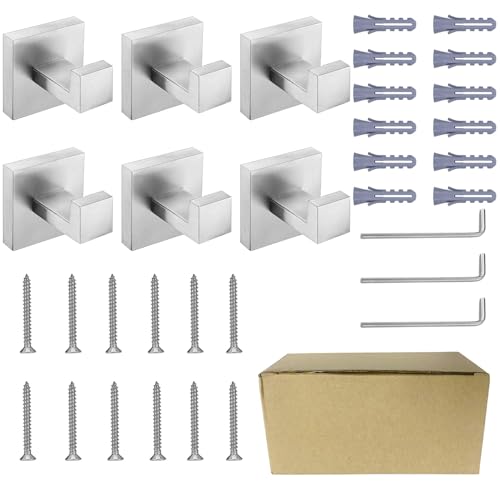 Nolimas Towel Hook Stainless Steel Bathroom Rustproof Clothes Towel Coat Hook Wall Mounted Square Toilet Kitchen, Heavy Duty Door Hanger, 6 Pack, Brushed Nickel - color: Brushed Nickel, size: 6 Pack