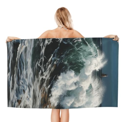 The Sea Waves Bath Towel Super Absorbent Beach Towels Microfiber Bathroom Towel 32 x 52 Inch - color: The Sea Waves