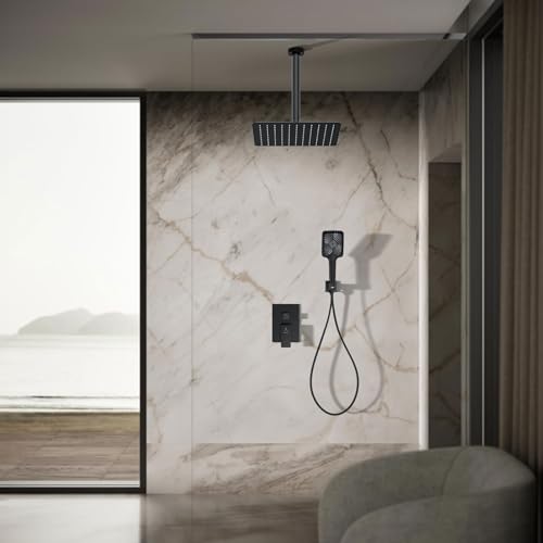 Rain Shower System 12IN Modern Brass Faucet Set With Valve and Diverter Shower Mixer With Handheld High Pressure Square Rainfall Shower Valve (12'' Ceiling Mount, Matte Black) - color: Matte Black, style: 12'' Ceiling Mount