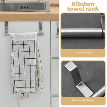 GLEAVI 2pcs Stainless Steel Stretch Towel Bars Adjustable Over Cabinet Door Hand Towel and Dish Cloth Holders Kitchen and Bathroom Rack Organizer