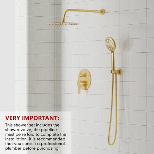 Gabrylly Gold Shower Head System, Shower Faucet Set with Pressure Balance Shower Valve, 10 Inch Shower Heads with 5-Setting handheld Spray Combo, High Pressure Shower Fixtures, Brushed Gold - color: Brushed Gold, style: 10 Inches-Without Tub Spout