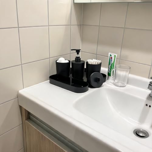 LGURT Matte Black Bath Accessories — 4-Pc Dispenser, Tumbler, Cup & Tray | Plastic, Lotion 10oz / 300ml, Vanity Tray (7.87"×2.56"), Compact for Dorm & Rentals. - color: Model 1-matte Black