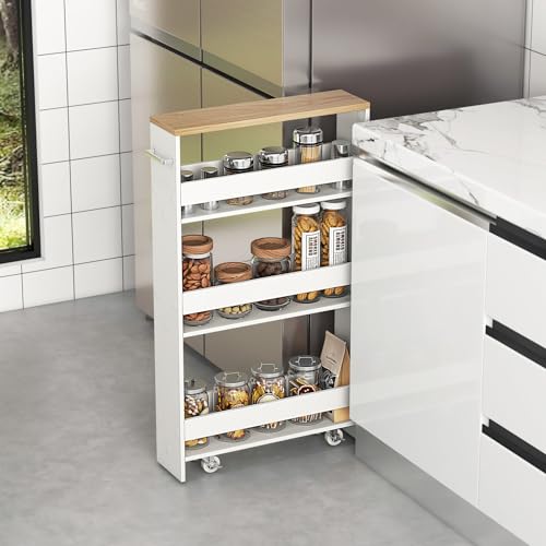COSTWAY Slim 4-Tier Rolling Utility Cart, Wooden Shelving Unit with Handle & Wheels, Ideal for Small Spaces - color: White