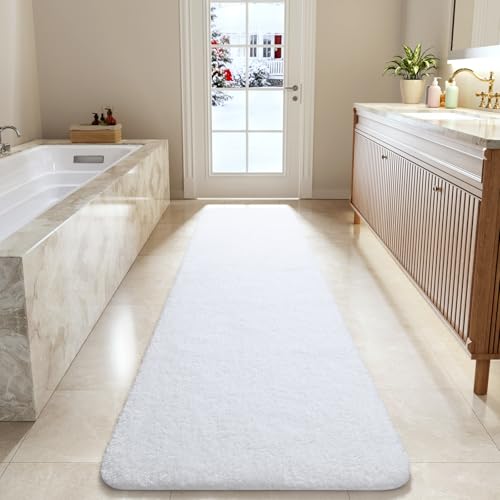 LOCHAS Bathroom Rug Runner 24x84 Inch, Bath Rugs Non Slip, White | Soft Thick Absorbent Washable, Shaggy Plush Bath Mat for for Tub, Shower Floor, Quick Dry - color: White, size: 84x24 inch (Rectangular)