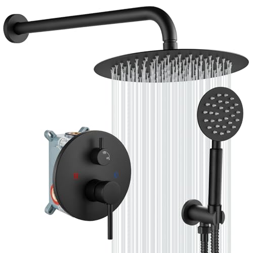 gotonovo High Pressure Shower System Valve and Trim Kit,Matte Black | Round Rain 10 Inch Shower Head with Handheld Faucet Set Complete,Rough In Valve,2-in-1 Diverter,All Metal,Bathroom Wall Mount - color: Black