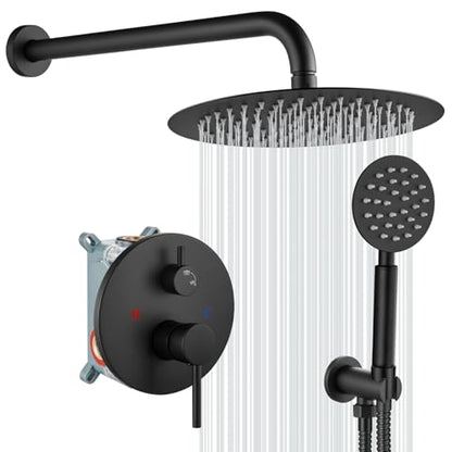 gotonovo High Pressure Shower System Valve and Trim Kit,Matte Black | Round Rain 10 Inch Shower Head with Handheld Faucet Set Complete,Rough In Valve,2-in-1 Diverter,All Metal,Bathroom Wall Mount - color: Black