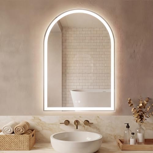 Sweetcrispy Arched LED Bathroom Mirror with Lights, Vanity Mirror, 28"x36" | Anti-Fog, Dimmable, 3-Color Light, Backlit, Memory Function, Tempered Glass