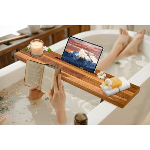 Bathtub Tray for Standard Tubs – 29" Adjustable Teak Wood Bath Caddy | Anti-Tip, Non-Toxic, Waterproof, Sustainable Bath Tray Organizer for Relaxing Spa & Home Use