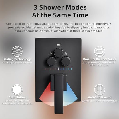 Dasan Matte Black Dual Shower Heads System with Ceiling 12-Inch Rainfall Shower & Wall Mount 6-Inch High Pressure Shower Head, Full Body Dual Shower Set with Handheld Sprayer, 3-Function Shower Faucet - color: Matte Black