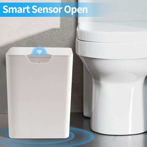YOGOODS 4 Gal Bathroom Trash Can with Lid, Automatic Trash Can Small Smart Garbage Can Touchless, Slim Motion Sensor Waterproof Plastic Trash Bins for Bedroom Office Kitchen Toilet(White)