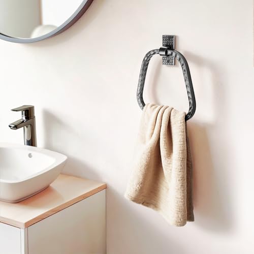 Monarch Abode Bathroom Towel Holder – 7-Inch Round Matte Black Bathroom Hand Towel Holder for Bathrooms Wall, Metal Hand Hammered Towels Ring Wall Mount, Modern Surface-Mounted Ring Hanger - color: Matte Black, style: Modern