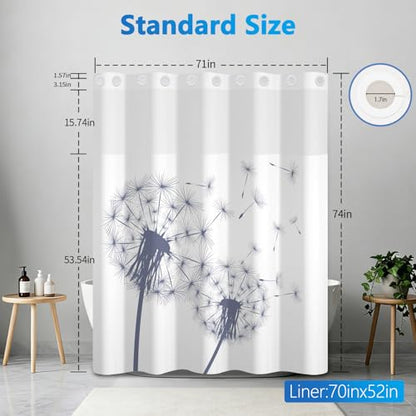 No Hook Shower Curtain and Liner, Farmhouse Heavy Duty Waterproof Shower Curtain with Mesh Top Window and Weighted Hem, Dandelion Print Washable Shower Curtains for Bathroom and Hotel, 71" W x 74" L - color: Dandelion