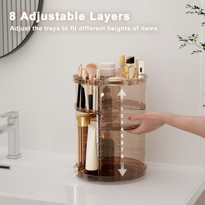 Rotating Makeup Organizer, DIY 8 Adjustable Layers Spinning Skincare Storage, Cosmetic Display Case with Brush Holder and Perfume Tray, Multi-Function Vanity Bathroom Countertop Organizer Clear Coffee - color: Clear Coffee