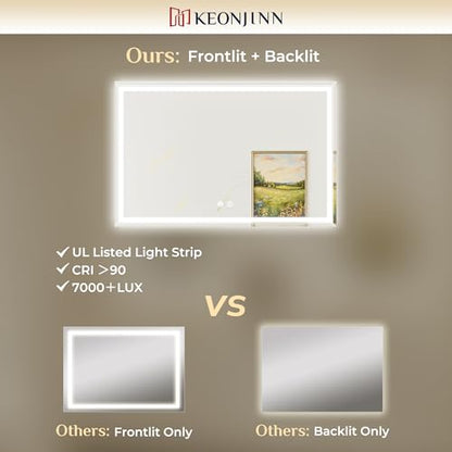 Keonjinn 40 x 24 Inch Beveled Lighted Bathroom Mirror, Frontlit and Backlit | HD Tempered Glass, LED Bathroom Mirror with Light, 3000K/4500K/6000K, Fast Defogging, Stepless Dimmable, Memory Function - size: 24"L x 40"W