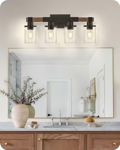 4-Light Bathroom Light Fixture, Farmhouse Vanity Lights for Bathroom with Glass Shade, Rustic Bathroom Light Fixtures, E26 Base F09BD05 - size: 4-Light