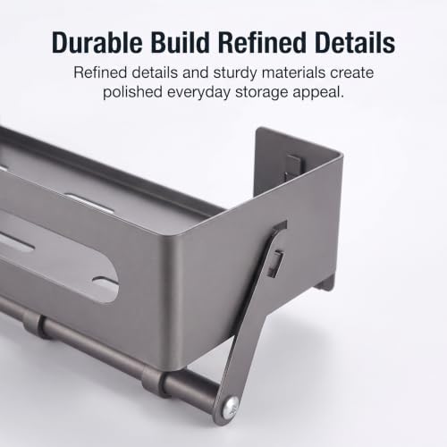 Carbon Steel Shower Caddy and Gray Shower Shelf Storage Rack | Adhesive Stick-On No-Drilling with Towel Bar&Hooks, Removable, Inside Shower, also works as Shower Organizer, Bathroom Shelf