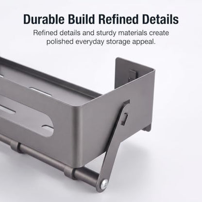Carbon Steel Shower Caddy and Gray Shower Shelf Storage Rack | Adhesive Stick-On No-Drilling with Towel Bar&Hooks, Removable, Inside Shower, also works as Shower Organizer, Bathroom Shelf