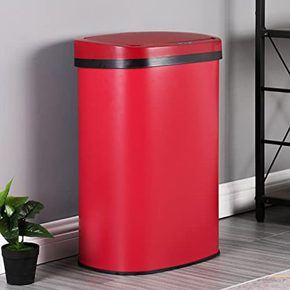 13 Gallon Stainless Steel Trash Can with Lid,Touch Free Automatic Kitchen Trash Can,Fingerprint-Resistant Soft Close Lid Garbage Can, 50L Large Capacity Garbage Can for Kitchen Home Office(Red) - color: Red