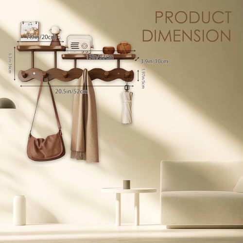 Wall-Mounted Coat Rack with Shelf, Wooden Coat Hanger with 6 Sturdy Hooks, Drill-Mounted Design for Hanging Clothes, Hats, Towels, Bags, and Robes (Brown) - color: Brown