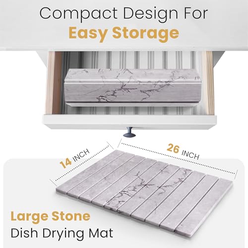 Large Stone Dish Drying Mat for Kitchen Counter 24"(L)×16"(W) – in Super Absorbent Diatomaceous Earth Drying Stone, Quick-Dry & Collapsible for Dishes, Bottles & Cups (Grey) - color: Gray