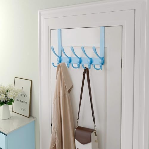 Over Door Hook 2.0 - Upgraded Version - Simple-Assembly, Strong, Heavy-Duty Stainless Steel 5-Tri-Hook Over The Door Hanger Rack, SimpleStrong Series, Blue, Pack of 2 - color: Blue