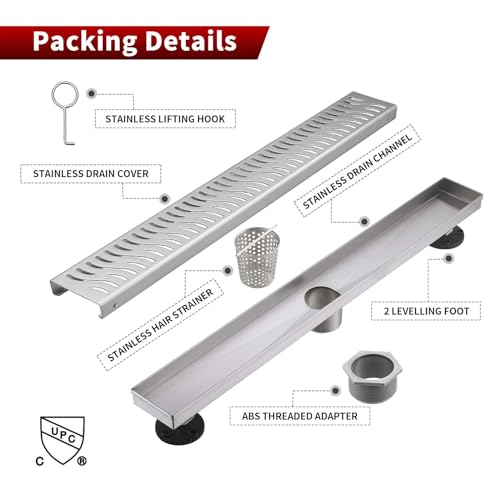 Sharp-tec Linear Shower Drain, 36 inch Shower Drain with Removable Pattern Cover, Brushed Nickel 304 Stainless Steel Rectangle Floor Drain, Adjustable Feet and Hair Strainer Included - color: Brushed Nickel, size: 36 inch