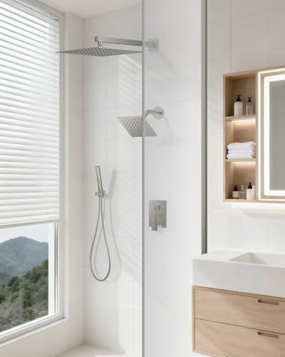 Rain Shower System 12" & 6" Dual Shower Heads, Wall Mount Shower Faucet Set | Ideal for bathroom remodels and upgrades with 12" rain shower, 6" angled shower, handheld spray and complete valve kit. - color: Brushed Nickel, size: Wall Mounted - 12"+6" Show