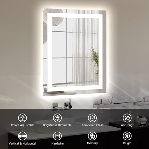 Hivone 24"X32" LED Bathroom Mirror with Lights, Anti-Fog, Dimmable, Backlit + Front Lit, Smart Bathroom Vanity Mirror, Memory Function, Shatterproof, Tempered Glass (Horizontal/Vertical) - size: 24"L x 32"W
