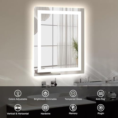 Hivone 24"X32" LED Bathroom Mirror with Lights, Anti-Fog, Dimmable, Backlit + Front Lit, Smart Bathroom Vanity Mirror, Memory Function, Shatterproof, Tempered Glass (Horizontal/Vertical) - size: 24"L x 32"W