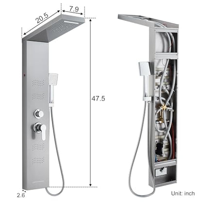 Shower Panel Tower System with LED Lights, Stainless Steel 5 in 1 Shower Panel with Rainfall Waterfall Shower Head, Body Spray, Handheld Shower, Tub Spout (Brushed) - color: Brushed Nickel -Wave Body Spray